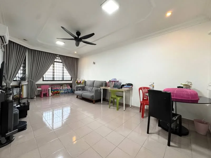 Living features: grey fabric sofa, 3-seater sofa, ceiling fan, recessed downlights, white painted walls, glossy tile flooring, large window with sheer curtains, dining table with chairs, children's play area with small table and chairs, decorative items on shelves; style: modern.
