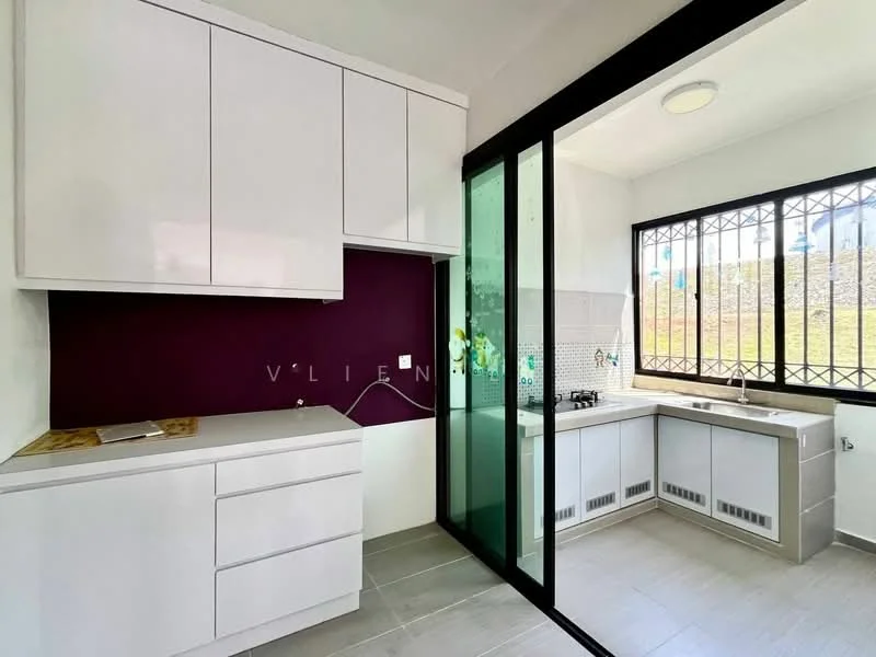Kitchen features: white cabinetry, grey countertop, built-in gas hob, stainless-steel sink, sliding glass door, floor-to-ceiling windows, tile backsplash, grey tile flooring; style: modern; view: garden.