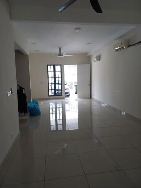 Living features: white painted walls, polished ceramic tile flooring, 5-blade ceiling fan, recessed downlights, sliding glass door, floor-to-ceiling windows, air conditioning unit, open layout; style: modern.