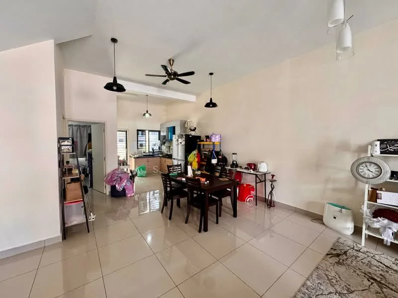 Living features: white painted walls, glossy tile flooring, 5-blade ceiling fan with light, pendant lights, dining table for 4, black dining chairs, open layout to kitchen, decorative wall clock, area rug with geometric pattern, kitchen island, built-in cabinets, refrigerator, microwave, kettle, toaster; style: modern.