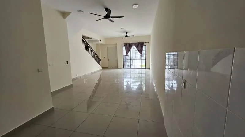 Living features: grey ceramic tile flooring, white painted walls, ceiling fan, large windows with sheer curtains, natural light, open layout, staircase in background, wall-mounted light fixtures; style: modern.