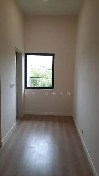 Room features: light wood laminate flooring, white painted walls, single window with black metal grille, high ceiling, no visible furniture, neutral decor; style: modern; view: garden.