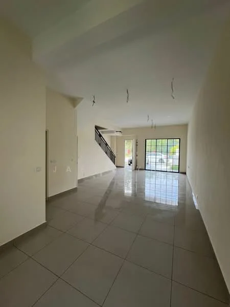 Living features: white painted walls, glossy ceramic tile flooring, large floor-to-ceiling windows, sliding glass door, recessed downlights, open layout, high ceiling, neutral color scheme; style: modern; view: garden.