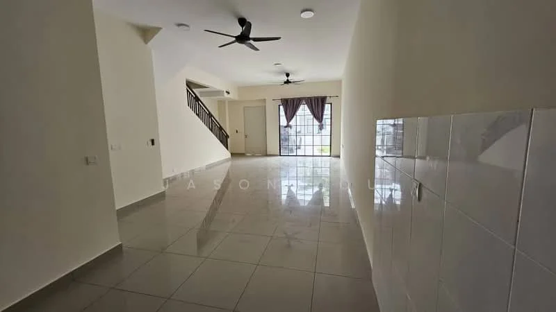 Living features: glossy ceramic tile flooring, white painted walls, ceiling fan, large windows with sheer curtains, natural light, open layout, staircase visible, wall-mounted light fixtures; style: modern.