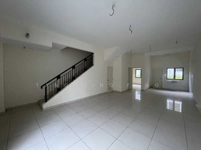 Room features: white painted walls, polished ceramic tile flooring, staircase with black railing, large windows, multiple ceiling light fixtures, open layout, corner windows, neutral color scheme; style: modern; view: garden.