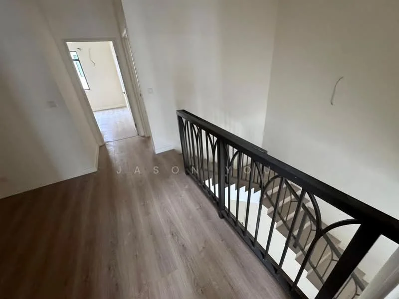Room features: wooden flooring, white painted walls, black metal railing, staircase, doorway leading to another room, natural light from windows; style: modern; view: staircase.