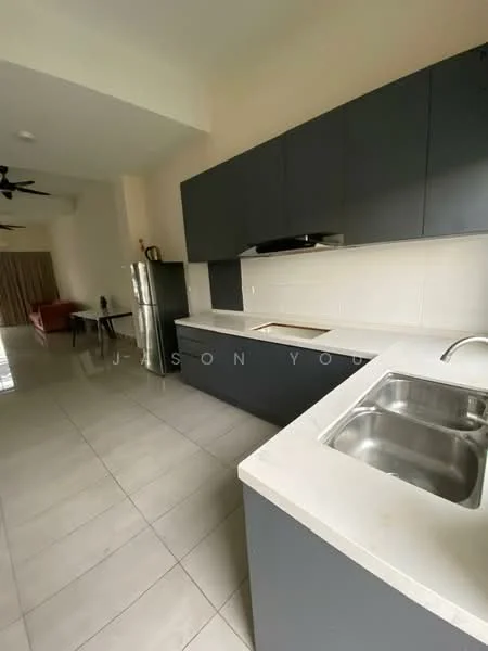 Kitchen features: grey cabinetry, white countertop, single-bowl stainless-steel sink, chrome pull-down faucet, built-in oven, stainless-steel fridge, ceramic tile flooring, recessed downlights, open layout to living area; style: modern.