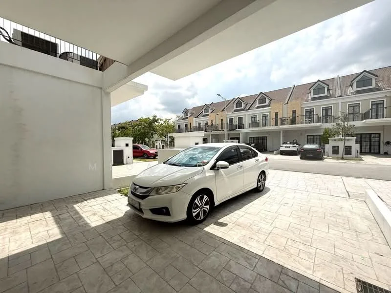 Exterior type: linked terrace house; features: paved driveway, car parked in driveway, two-storey linked terrace houses in background, manicured landscaping, overhang roof, white painted facade, front porch area; style: modern.