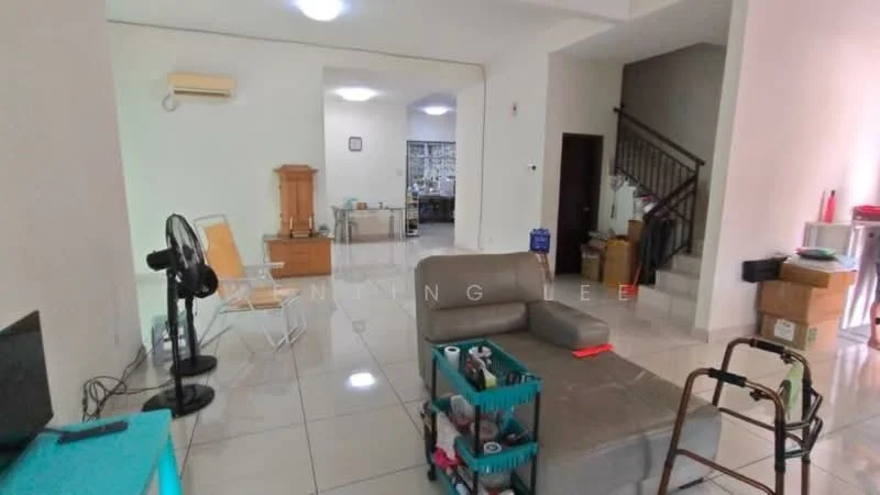 Living features: white painted walls, glossy tile flooring, 5-blade ceiling fan, wall-mounted air conditioning unit, sofa with armrest, coffee table, TV console, freestanding TV, decorative shelving unit, stack of boxes, wooden cabinet, open layout, natural light from windows; style: modern. Room features: staircase, office area in background, additional furniture.