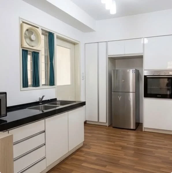 Kitchen features: black granite countertop, double-bowl stainless-steel sink, chrome pull-down faucet, built-in oven, stainless-steel fridge, white cabinetry with flat-panel doors, wooden flooring, window with blue curtains, microwave, wall-mounted fan, recessed ceiling lights; style: modern.