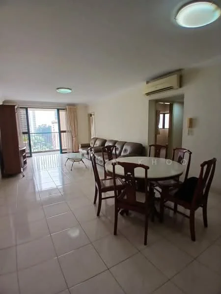 Living features: cream painted walls, glossy tile flooring, recessed ceiling lights, ceiling-mounted air conditioning unit, large sliding glass door, floor-to-ceiling windows, curtains, 3-seater leather sofa in brown, 2-seater leather sofa in brown, round dining table with white top, 6 wooden dining chairs, coffee table, TV console, decorative wall unit; style: modern; view: city.
