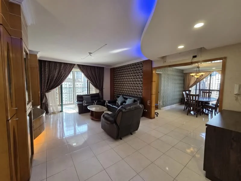 Living features: cream tiled flooring, white painted walls, dark wood cabinetry, 3-seater black leather sofa, 2-seater black leather sofa, round coffee table, dining table with 6 chairs, chandelier, floor-to-ceiling windows with sheer curtains, decorative wall with geometric pattern, recessed lighting, wall-mounted TV, accent wall with textured design; style: contemporary; view: city.