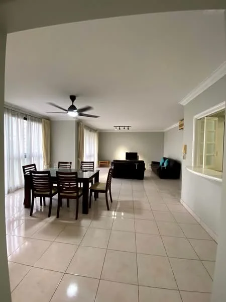 Living features: 6-seater dining table, wooden dining chairs, 3-seater fabric sofa in black, TV console, wall-mounted TV, ceiling fan with light, recessed downlights, cream painted walls, white tiled flooring, floor-to-ceiling windows with sheer curtains, decorative wall art, area rug; style: modern.