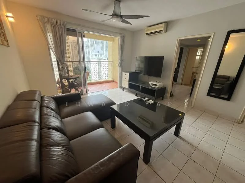 Living features: 3-seater leather sofa in dark brown, coffee table with black glass top, wall-mounted TV, TV console in white, ceiling fan with light, floor-to-ceiling windows, curtains, tile flooring, air conditioning unit, decorative mirror; style: modern; view: city. Balcony features: small outdoor table, two chairs, balcony with city view; view: city.