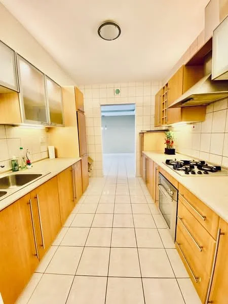 Kitchen features: wood cabinetry, white tiled backsplash, stainless-steel gas hob, built-in oven, double-bowl stainless-steel sink, chrome pull-down faucet, white tiled flooring, recessed ceiling lights, countertop with space for appliances, open layout with passage to living area; style: modern.