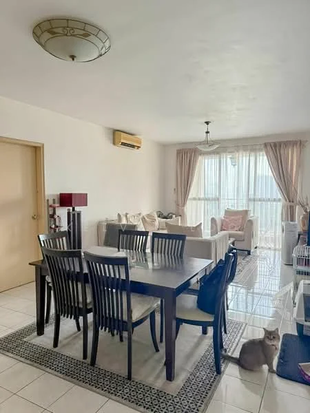 Dining features: 6-seater dining table, black wooden dining chairs, white walls, recessed ceiling lights, 1 wall-mounted split AC, large windows with sheer curtains, tile flooring, decorative area rug; style: modern. Living features: sofa with light upholstery, coffee table, floor lamp, decorative cushions, TV console, wall-mounted TV, light-colored curtains; style: modern.