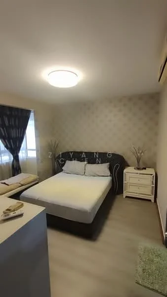 Bedroom features: queen-size bed, upholstered headboard, bedside table with drawers, floor-to-ceiling window, sheer curtains, recessed ceiling light, light-colored wallpaper with pattern, laminate flooring, decorative plants; style: modern.
