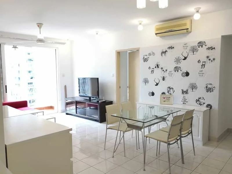 Living features: white painted walls, glossy tile flooring, 5-blade ceiling fan with light, wall-mounted TV, black TV console, glass dining table, 4 dining chairs, decorative wall with printed patterns, large sliding glass door, natural light from window, air conditioning unit; style: modern; view: city.