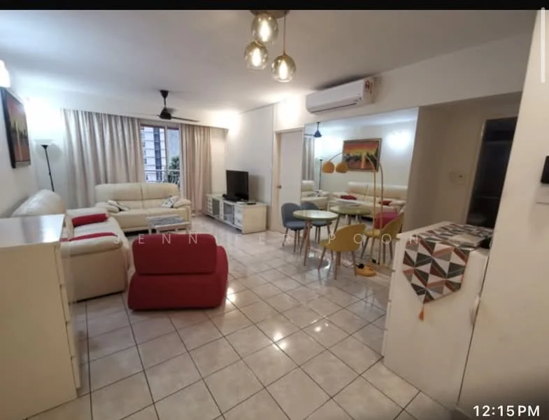Living features: white painted walls, tiled flooring, 5-blade ceiling fan, recessed downlights, sofa in cream, red accent chair, coffee table, TV console, wall-mounted TV, decorative floor lamp, dining table with chairs, potted plant, artwork on wall, curtains, air conditioning unit; style: contemporary.