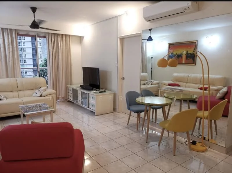 Living features: 3-seater leather sofa in cream, 2-seater fabric sofa in red, coffee table with white surface, TV console with storage, wall-mounted TV, floor-to-ceiling windows, curtains, ceiling fan, recessed downlights, decorative painting on wall, round dining table, 4 dining chairs in yellow and blue, mirror on wall, tile flooring; style: contemporary; view: garden.