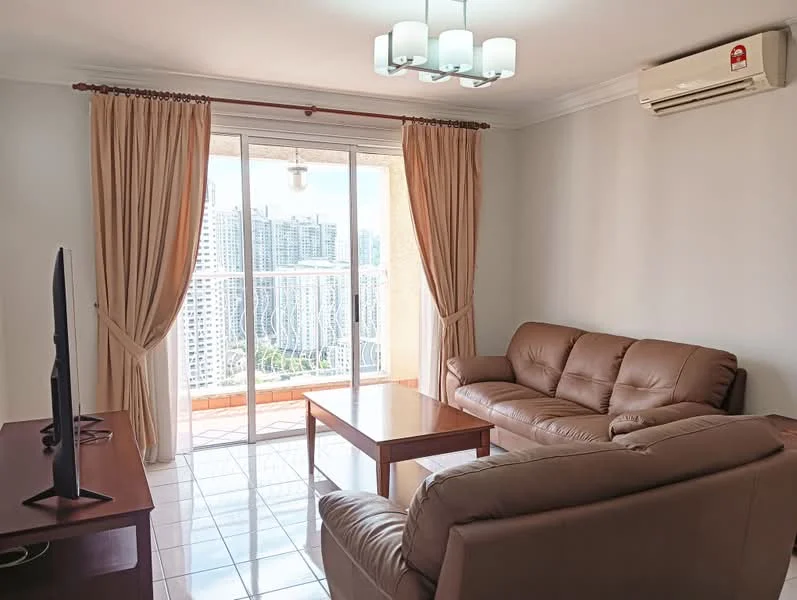 Living features: 3-seater leather sofa in brown, 2-seater leather sofa in brown, wooden coffee table, floor-to-ceiling sliding glass door, curtains in beige, wall-mounted TV, 1 wall-mounted split AC, white painted walls, tile flooring, ceiling light fixture with multiple bulbs; style: contemporary; view: city.