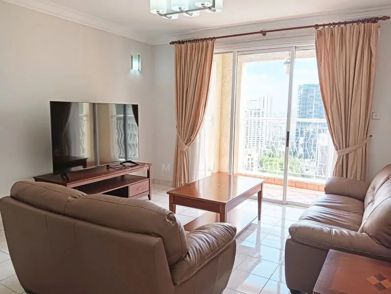 Living features: 2-seater leather sofa, 3-seater leather sofa, wood coffee table, wall-mounted TV, floor-to-ceiling windows, sheer curtains, light-colored walls, glossy tile flooring, chandelier with multiple lights, balcony access; style: modern; view: city.