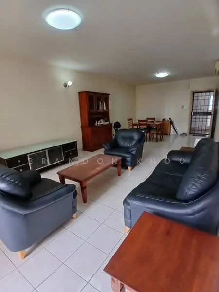 Living features: black leather sofa, 2-seater sofa, coffee table, wooden TV console, dining table with chairs, tile flooring, white painted walls, ceiling light fixture, wall-mounted fan; style: modern.