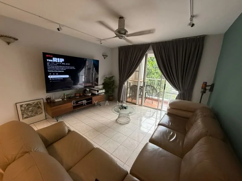 Living features: 3-seater leather sofa in beige, coffee table with glass top, wall-mounted TV, TV console with storage, ceiling fan, floor-to-ceiling sliding glass door, curtains in grey, wall with teal paint, white tiled flooring, decorative wall sconce; style: modern; view: garden.