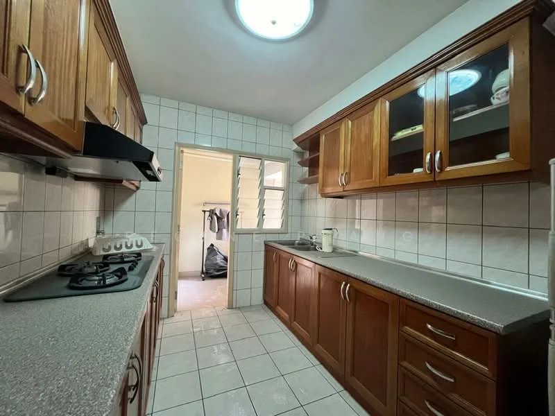 Kitchen features: brown wooden cabinetry, grey granite countertop, stainless-steel gas hob, stainless-steel range hood, white tiled backsplash, white tiled flooring, single-bowl stainless-steel sink, built-in shelves, window with metal grille, light fixture on ceiling; style: traditional.
