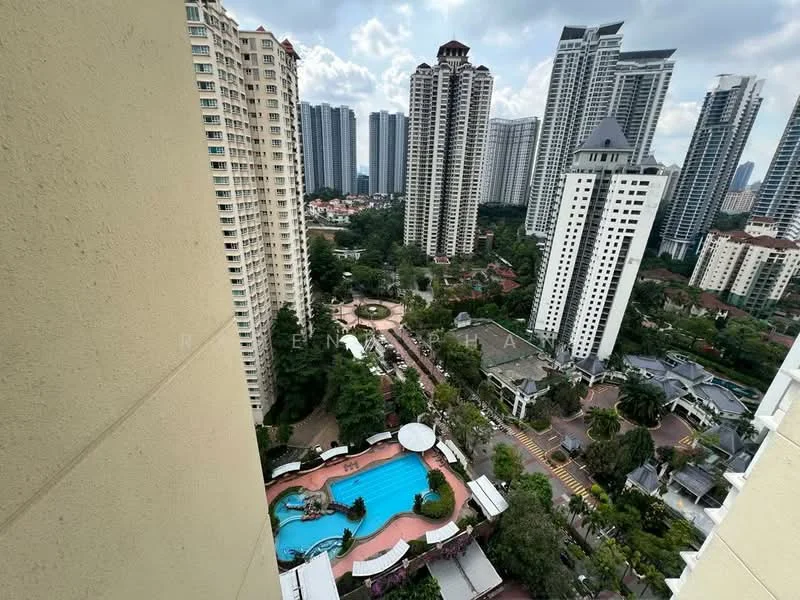 Exterior type: high-rise condominium; features: infinity pool, landscaped garden, surrounding high-rise buildings, manicured lawns, paved walkways, outdoor seating areas, children's playground, view of city skyline; style: modern.