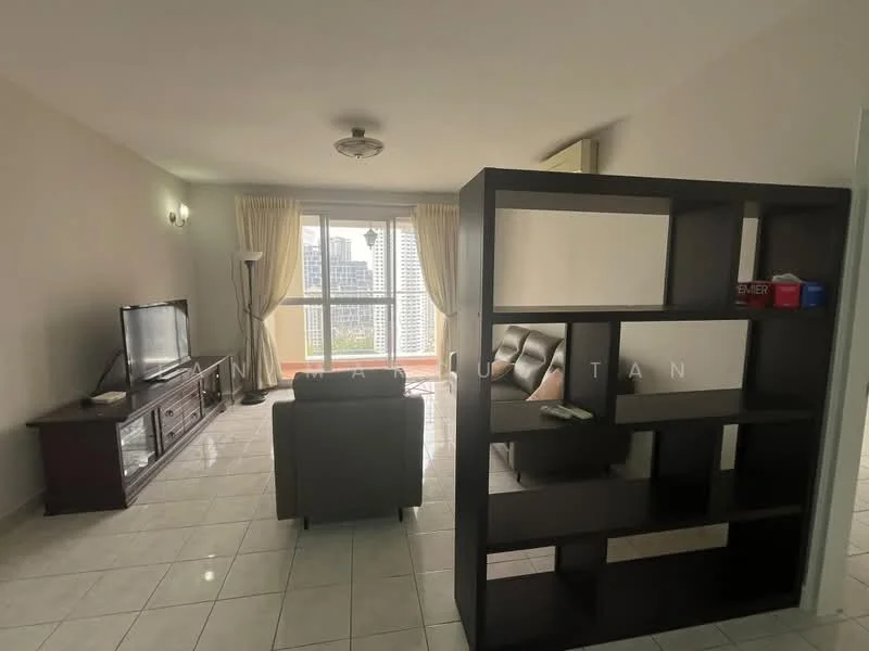 Living features: grey leather sofa, wooden coffee table, TV console, wall-mounted TV, open shelving unit, white painted walls, tile flooring, recessed ceiling lights, curtains, floor-to-ceiling windows; style: modern; view: city.