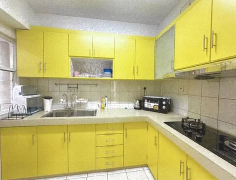 Kitchen features: yellow cabinetry, granite countertop, double-bowl stainless-steel sink, chrome pull-down faucet, built-in gas hob, black microwave, white kettle, dish rack, tile backsplash, ceramic tile flooring, wall-mounted shelves; style: modern.