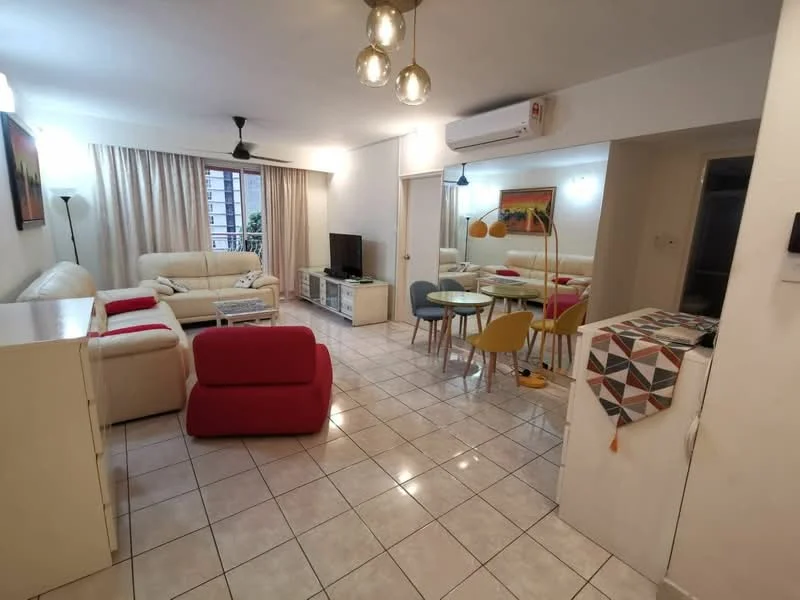 Living features: cream leather sofa, red accent chair, white TV console, wall-mounted TV, dining table with four chairs, pendant lighting, ceiling fan, tile flooring, curtains, decorative artwork, area rug, glass sliding door to balcony; style: contemporary; view: city.