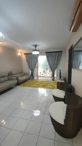 Living features: white painted walls, ceramic tile flooring, recessed downlights, 5-blade ceiling fan, sofa in light grey fabric, area rug in yellow, TV console, wall-mounted TV, curtains in patterned fabric, sliding glass door, balcony view; style: modern; view: garden.