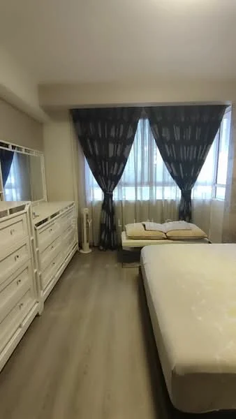 Bedroom features: queen-size bed, white upholstered headboard, white bed frame, 2 bedside cushions, white dresser with multiple drawers, floor-to-ceiling windows, sheer curtains, blackout curtains, laminate flooring, wall-mounted air conditioning unit; style: modern.