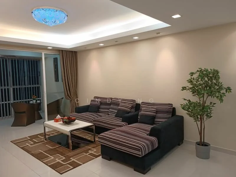 Living features: 3-seater fabric sofa in black with striped cushions, coffee table with white top and black frame, area rug with geometric pattern, recessed ceiling lights, chandelier with blue lighting, floor-to-ceiling windows with sheer curtains, decorative plant in pot, wall-mounted artwork, light-colored painted walls, glossy tile flooring; style: modern.