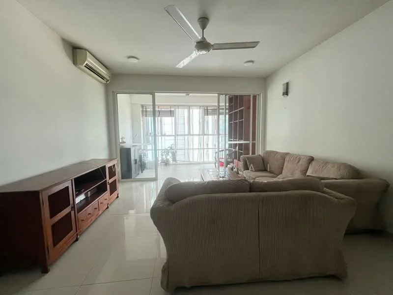 Living features: 3-seater fabric sofa in beige, 2-seater fabric sofa in beige, wooden TV console, wall-mounted TV, floor-to-ceiling windows, sliding glass door, white painted walls, glossy tile flooring, ceiling fan, air conditioning unit, decorative wall sconce; style: modern; view: garden.