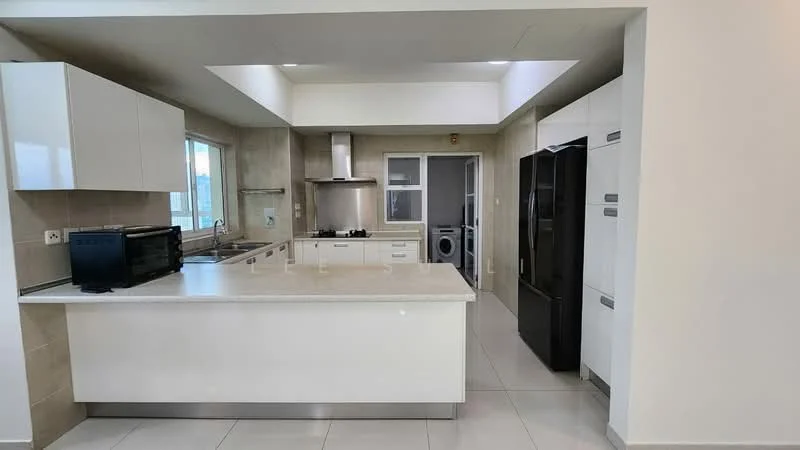 Kitchen features: white cabinetry, marble countertop, stainless-steel sink, chrome pull-down faucet, built-in oven, freestanding range oven, black refrigerator, microwave, ceramic tile flooring, recessed downlights, window with city view, open layout, kitchen island, backsplash with neutral tiles; style: modern; view: city.