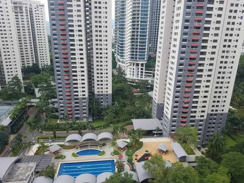 Exterior type: high-rise condominium; features: multiple high-rise buildings, swimming pool with pool deck, landscaped garden area, covered seating areas, manicured lawns, palm trees, children's playground, walking paths, surrounding greenery; style: modern.