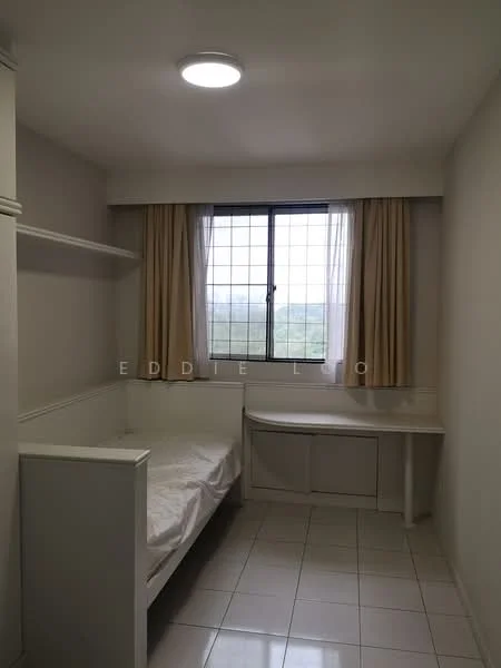 Bedroom features: single bed frame without mattress, white walls, light-colored curtains, square window with grid, ceiling light fixture, tiled flooring, built-in wardrobe, desk or table against the wall.