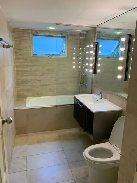 Bathroom features: bathtub, shower with glass enclosure, single-sink vanity with white countertop, dark wood cabinetry, chrome basin mixer faucet, toilet, framed mirror, wall-mounted lighting, tile flooring, beige wall tiles, window for natural light, recessed lighting; style: modern.