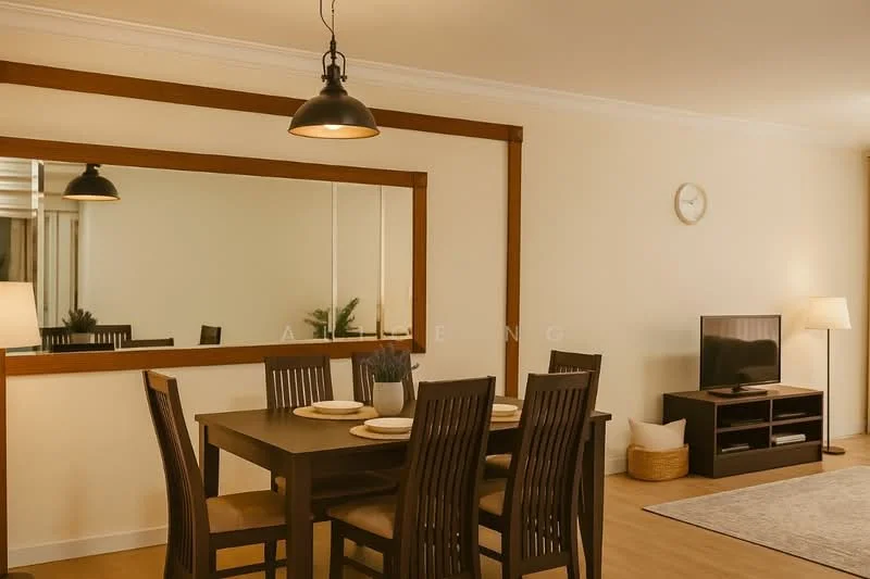 Dining features: wooden dining table, 4 dining chairs, decorative mirror on wall, pendant light fixture, light-colored walls, laminate flooring, wall clock, floor lamp, TV console, wall-mounted TV, basket for storage; style: modern.