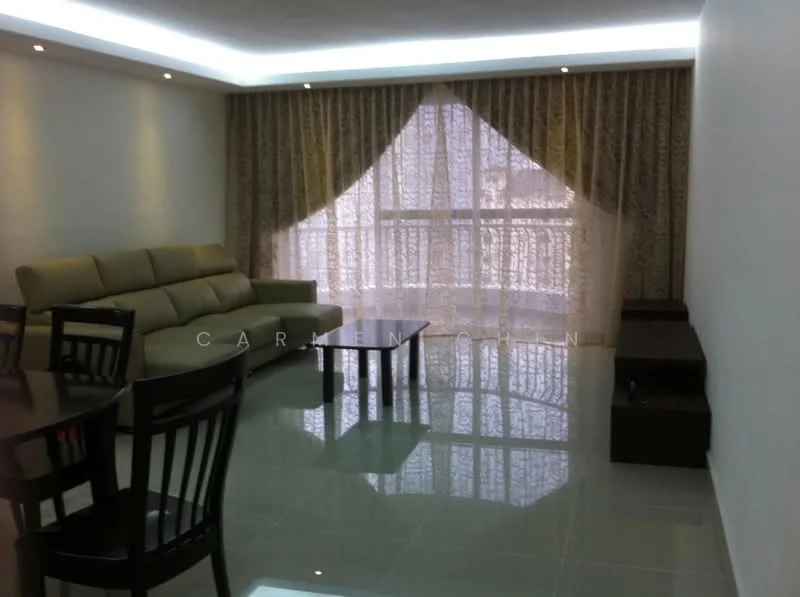 Living features: cream painted walls, glossy tile flooring, sofa in light beige, dining table with black chairs, floor-to-ceiling windows, sheer curtains, recessed LED downlights, wooden TV console; style: modern.