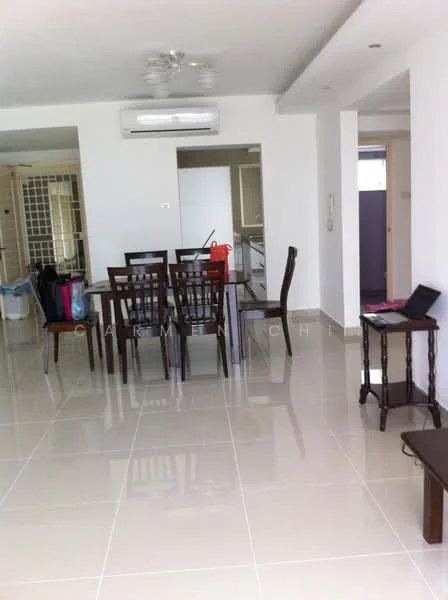 Dining features: dining table with 6 chairs, white walls, glossy tile flooring, ceiling fan, wall-mounted split AC, open layout to kitchen, natural light from windows, decorative wall light; style: modern. Kitchen features: open kitchen layout, white cabinetry, countertop, kitchen appliances visible; style: modern.