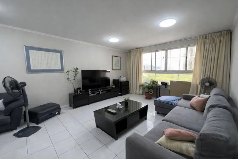 Living features: grey fabric L-shape sectional sofa, 2-seater fabric sofa in beige, black coffee table, TV console, wall-mounted flat-screen TV, floor-to-ceiling windows, sheer curtains, white painted walls, tile flooring, 2 ceiling fans, decorative plant in ceramic pot, framed artwork on wall; style: modern; view: city.