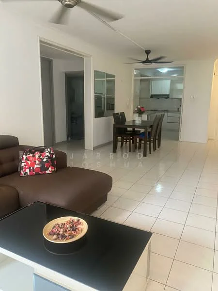 Living features: brown fabric sofa, decorative cushion with red and white pattern, glass coffee table, ceramic bowl with decorative items, white tiled flooring, ceiling fan, wall-mounted TV, open layout to dining area; style: modern. Dining features: wooden dining table for six, upholstered dining chairs, white walls, light-colored cabinetry in background; style: modern. Kitchen features: white cabinetry, stainless-steel appliances, open layout to dining area; style: modern.