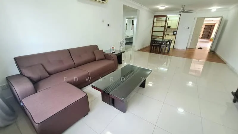 Living features: 3-seater fabric sofa in brown, coffee table with glass top, white tiled flooring, white painted walls, ceiling fan, wall-mounted air conditioning unit, decorative wall art, open layout to dining area; style: modern. Dining features: dining table for 4, wooden dining chairs, laminate flooring, white painted walls, open layout to living area; style: modern.