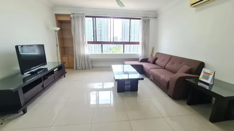 Living features: 3-seater fabric sofa in brown, coffee table with glass top, TV console, wall-mounted TV, floor-to-ceiling windows, sheer curtains, light-colored walls, tile flooring, ceiling fan; style: modern; view: city.