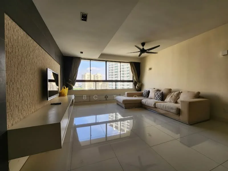 Living features: cream fabric L-shape sectional sofa, 3-seater sofa, flat-screen TV mounted on wall, white TV console, large floor-to-ceiling windows, grey accent wall, light beige painted walls, recessed downlights, ceiling fan with light, glossy white tile flooring, decorative wall paneling, curtains in dark grey, city skyline view; style: modern; view: city.