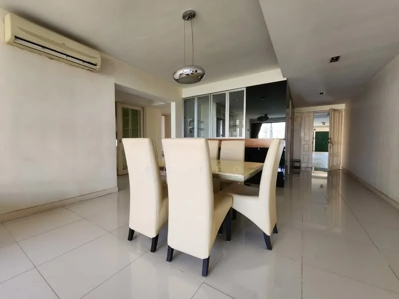 Dining features: 6-seater dining table with glass top, upholstered dining chairs in cream, white tiled flooring, wall-mounted split AC, recessed downlights, neutral painted walls, large glass sliding door, open layout to living area; style: modern.